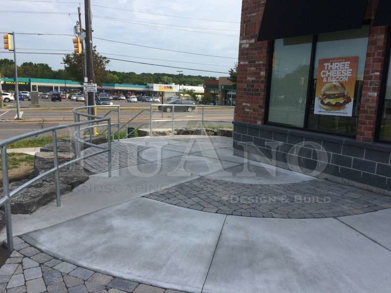 Commercial Landscaping Construction in Vaughan. Pressed concrete and interlocking brick for a strip mall.